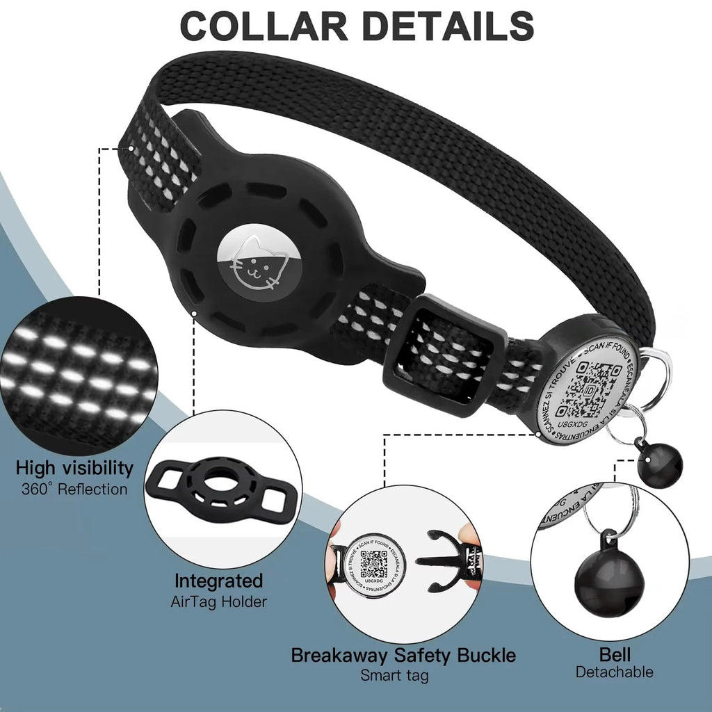Cat GPS Collar with QR Code Tag & Airtag Case Reflective