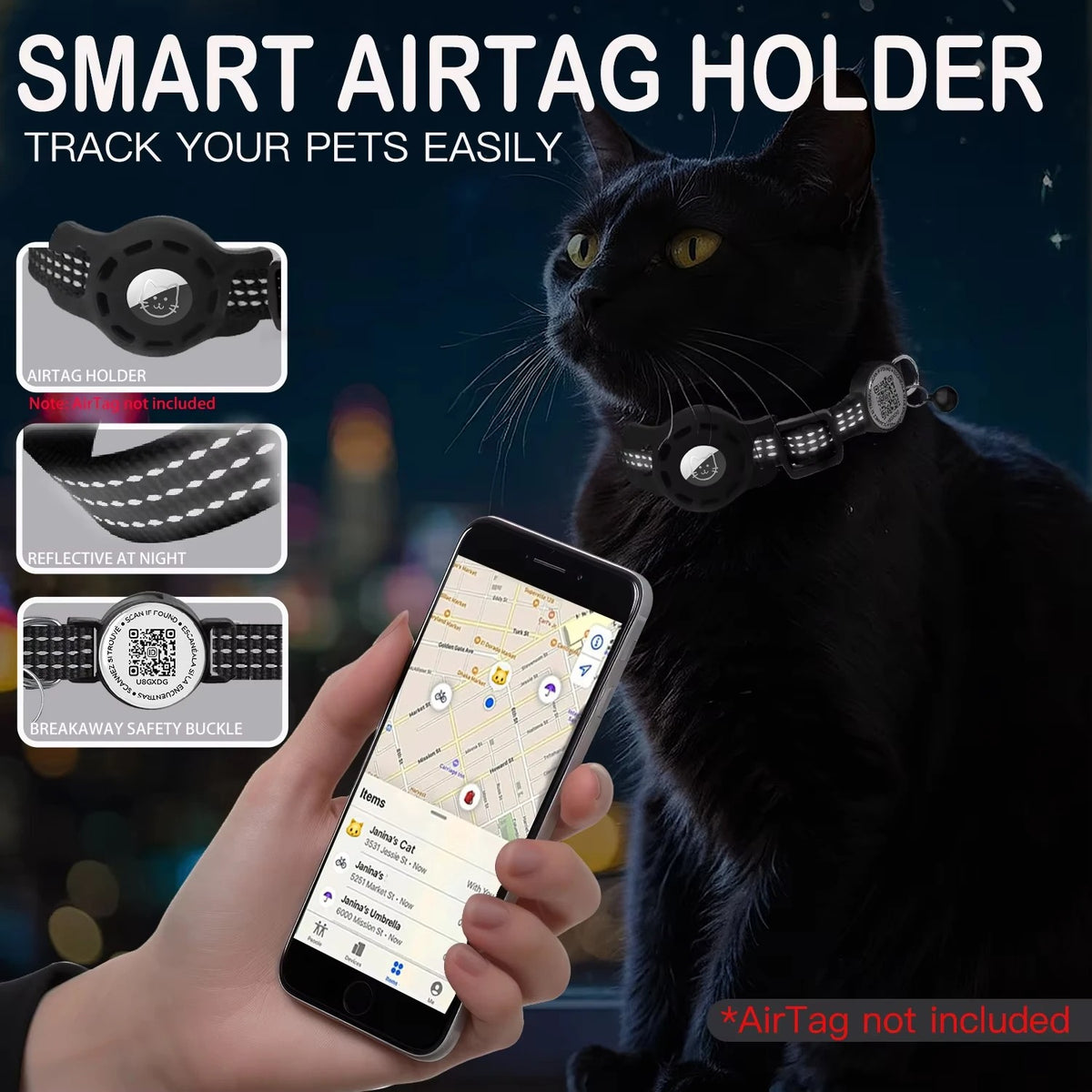 Cat GPS Collar with QR Code Tag & Airtag Case Reflective