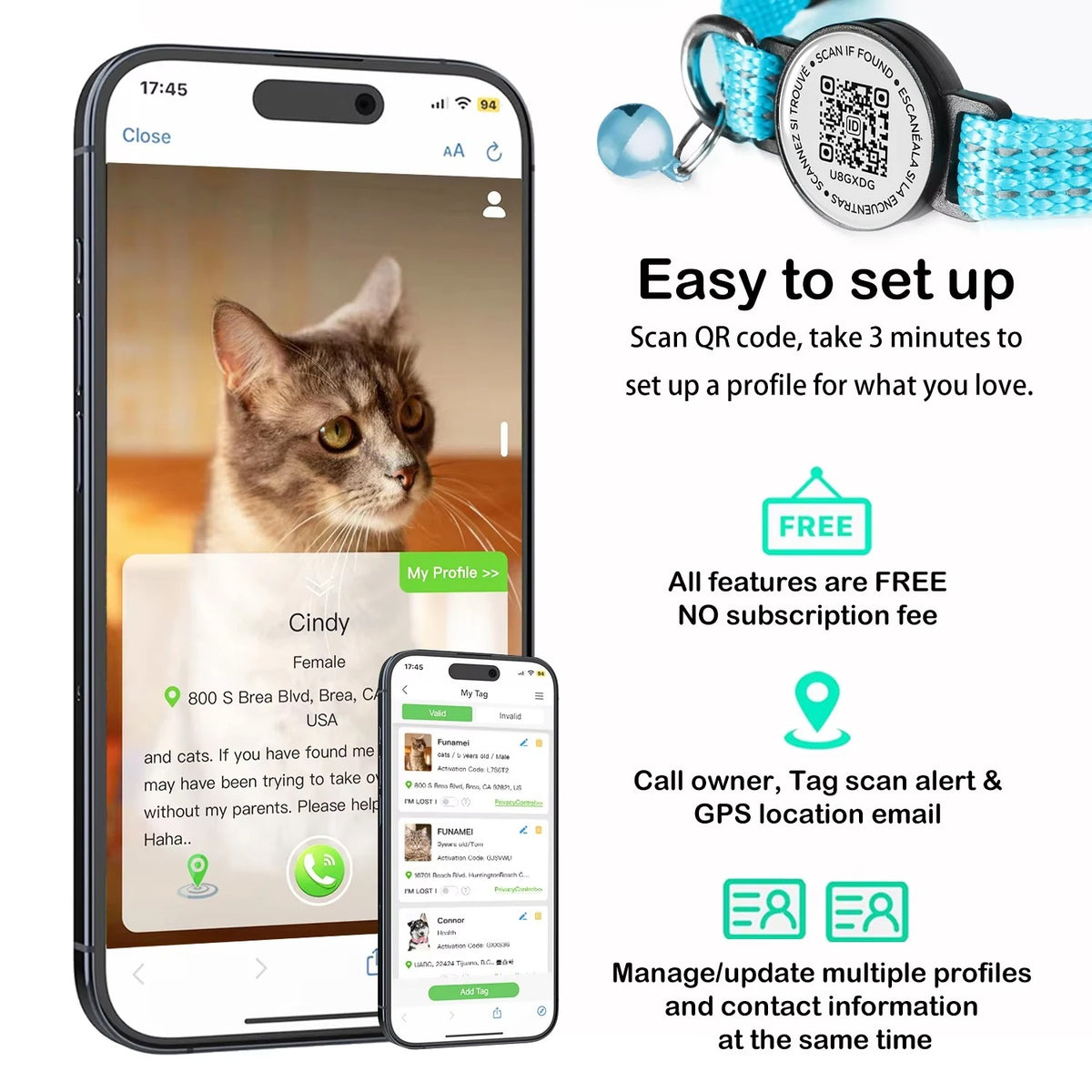 Cat GPS Collar with QR Code Tag & Airtag Case Reflective