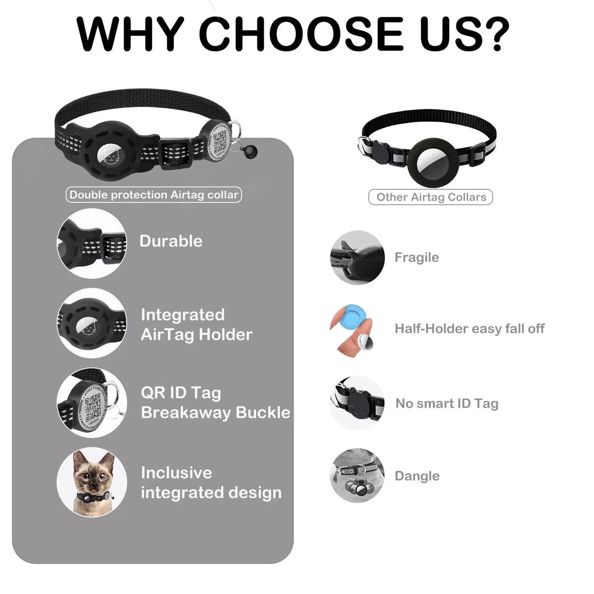 Cat GPS Collar with QR Code Tag & Airtag Case Reflective