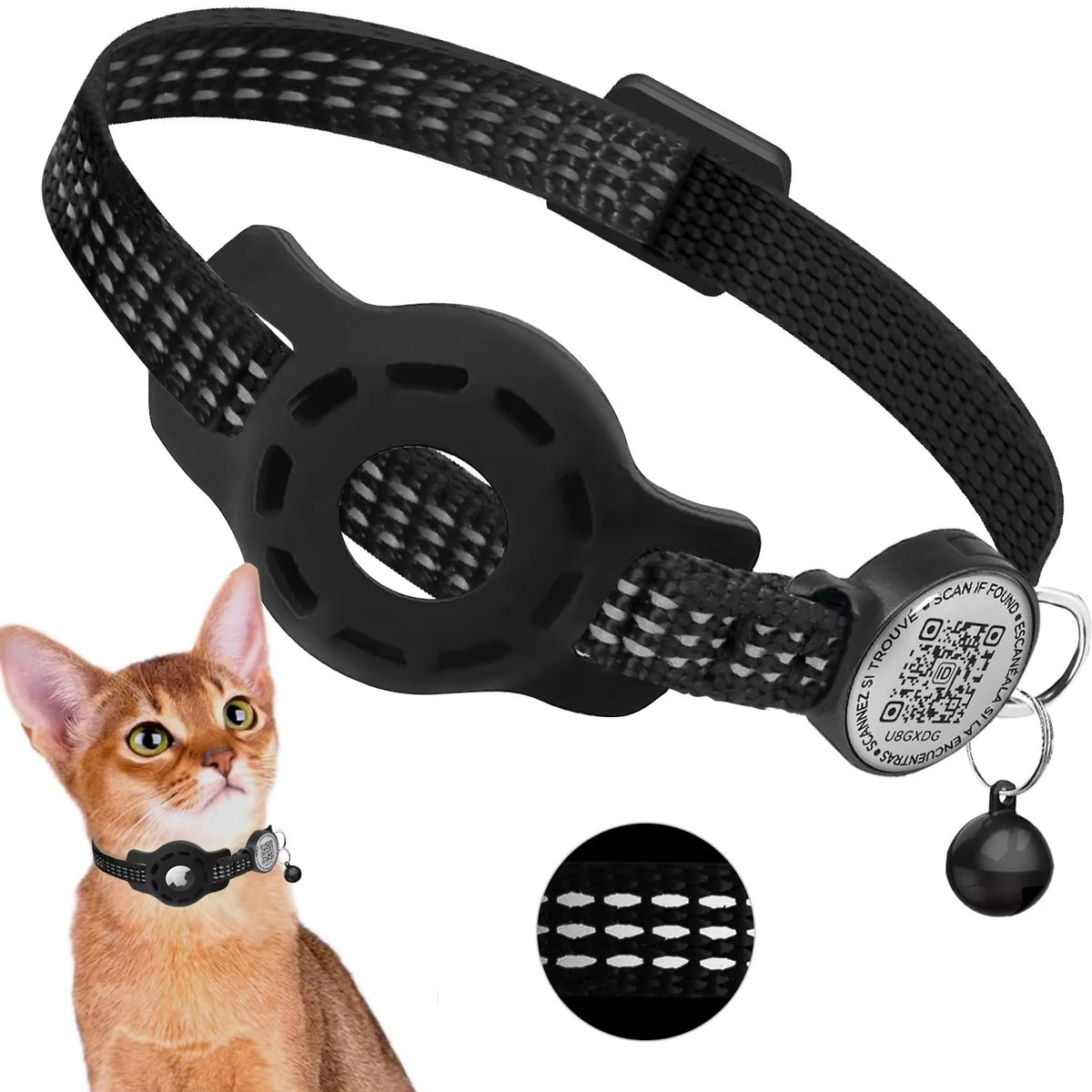 Cat GPS Collar with QR Code Tag & Airtag Case Reflective